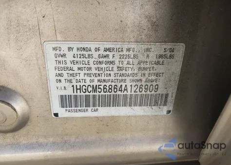 2004 Honda Accord 2.4 Ex из США, поврежденный, VIN 1HGCM56864A126909